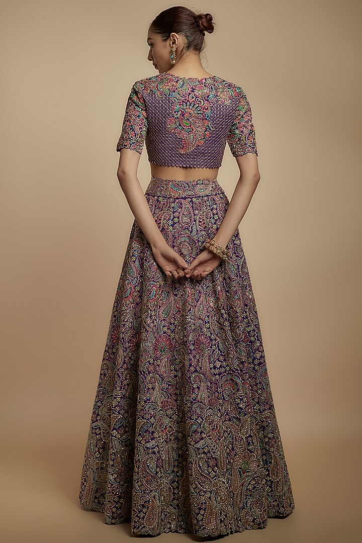Purple Raw Silk Zardosi Embroidered Bridal Lehenga Set by Mrunalini Rao at Pernia's Pop Up Shop