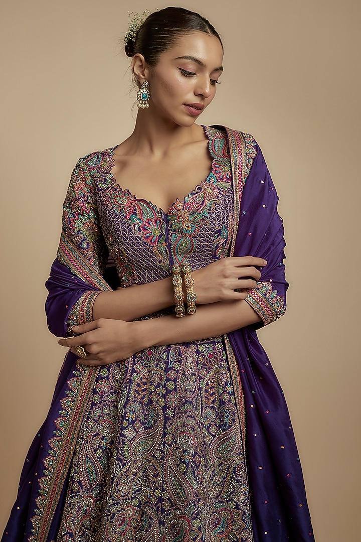 Purple Raw Silk Zardosi Embroidered Bridal Lehenga Set by Mrunalini Rao at Pernia's Pop Up Shop