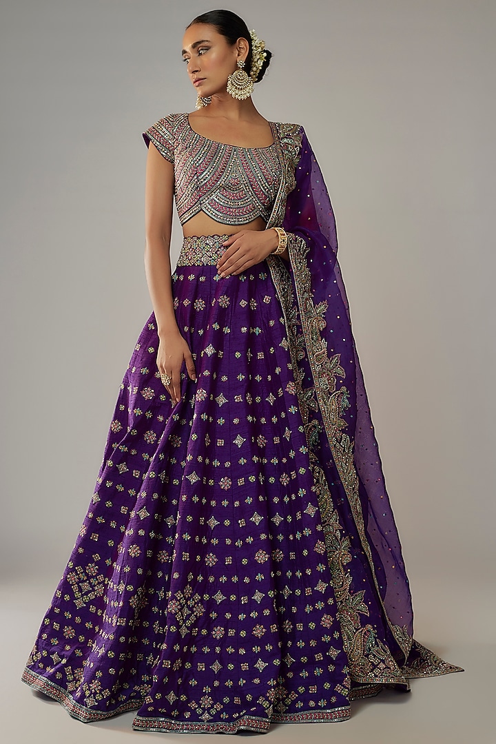 Purple Raw Silk Zardosi Embroidered Bridal Lehenga Set by Mrunalini Rao at Pernia's Pop Up Shop