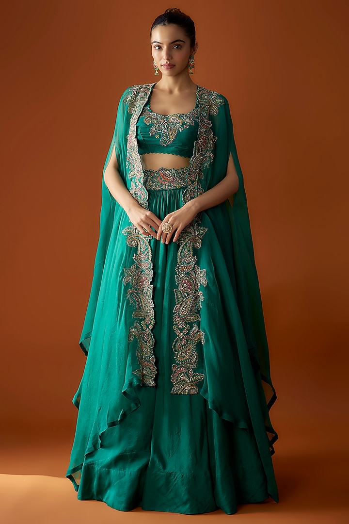 Rama Green Dupion Silk Resham Embroidered Skirt Set by Mrunalini Rao at Pernia's Pop Up Shop
