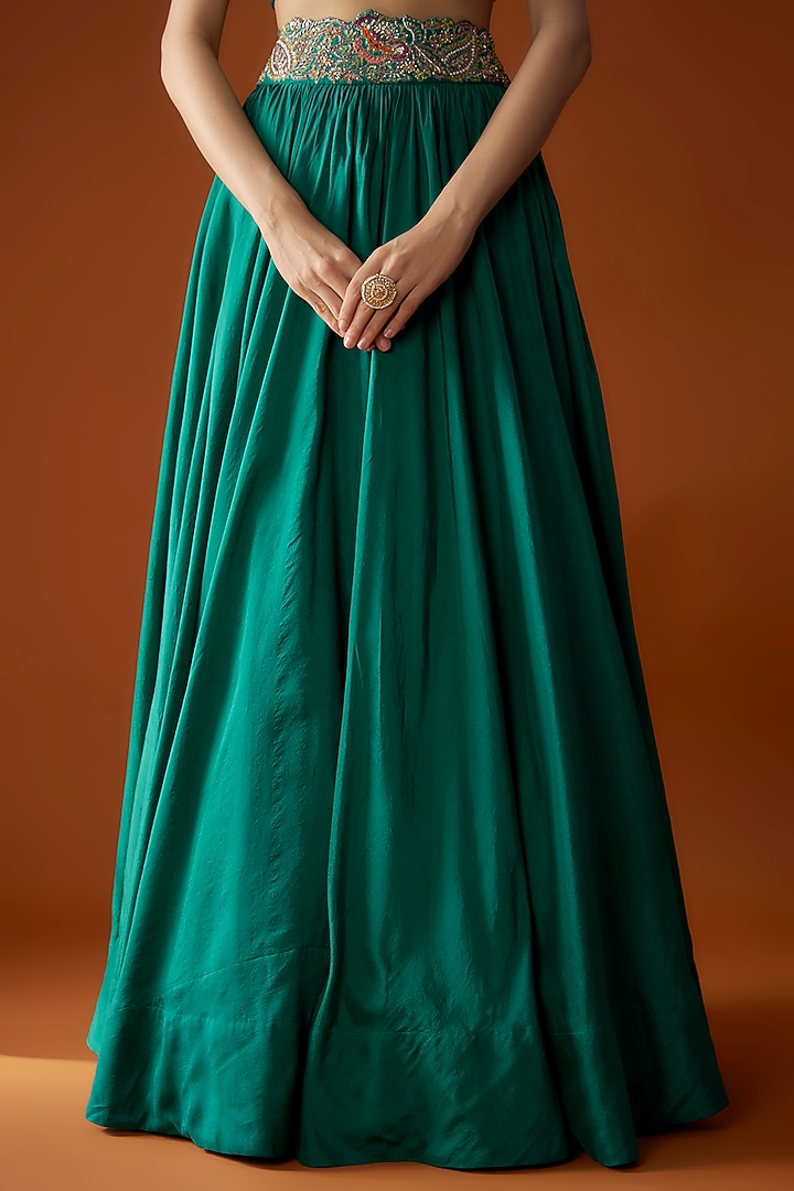 Rama Green Dupion Silk Resham Embroidered Skirt Set by Mrunalini Rao at Pernia's Pop Up Shop