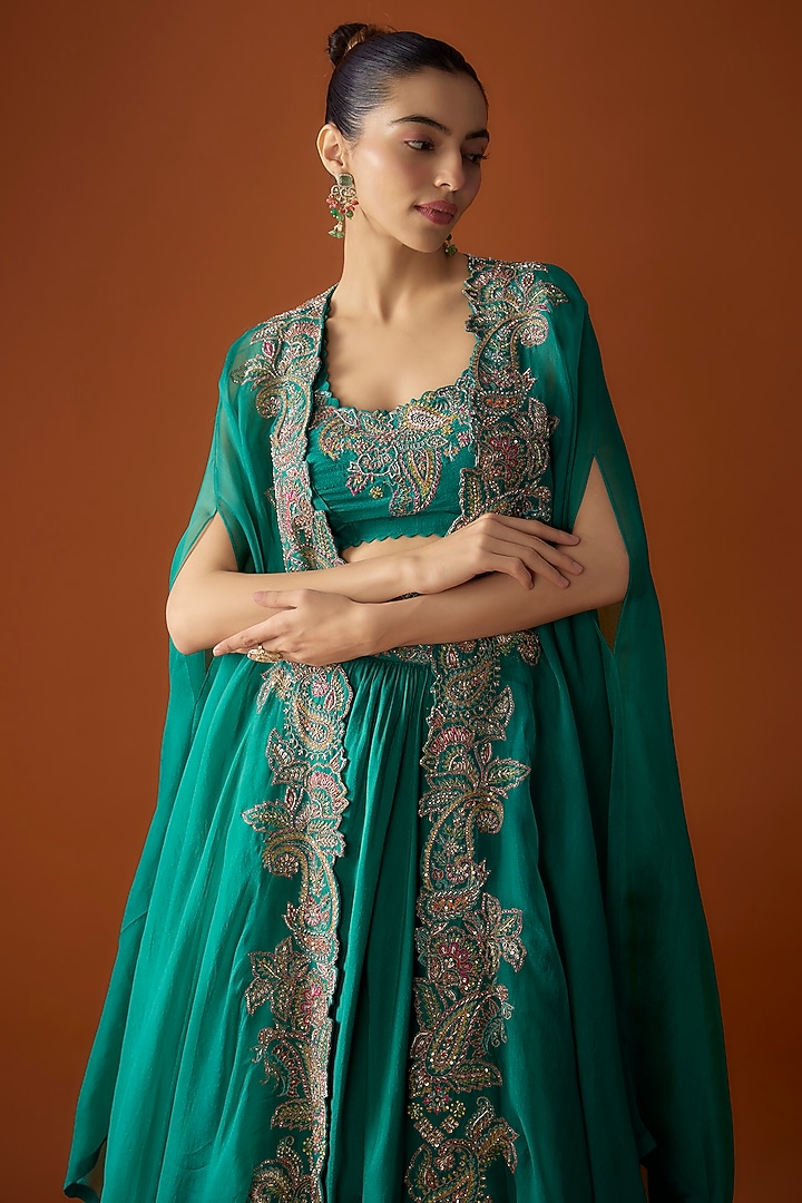 Rama Green Dupion Silk Resham Embroidered Skirt Set by Mrunalini Rao at Pernia's Pop Up Shop