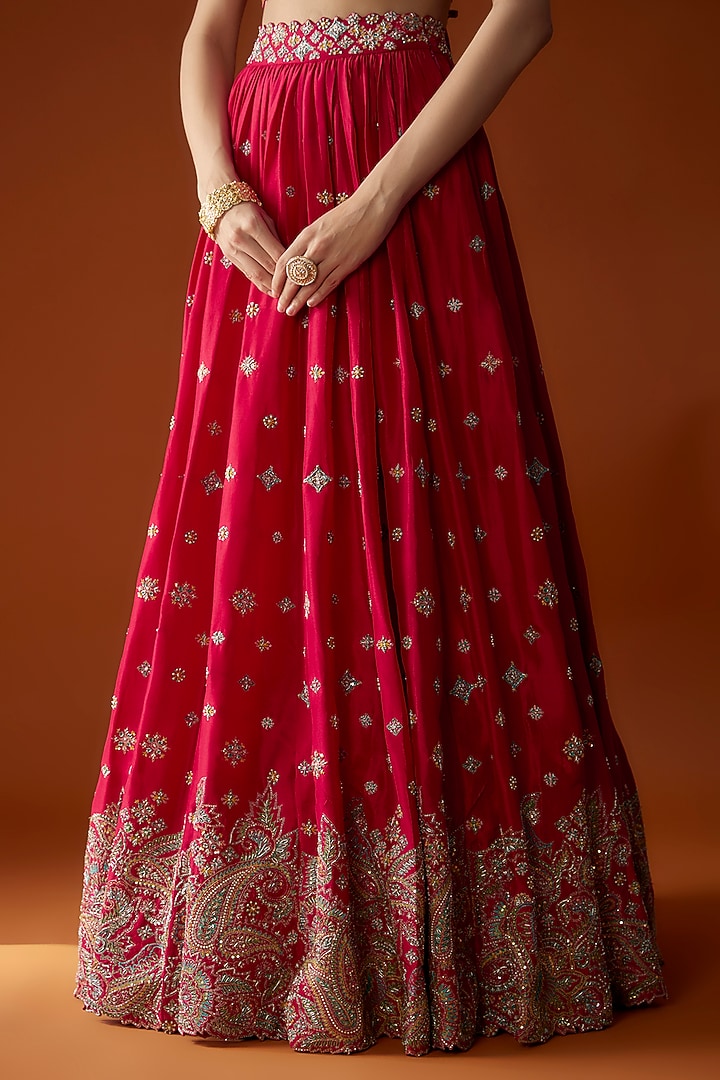 Red Pure Silk Zardosi Embroidered Bridal Lehenga Set by Mrunalini Rao at Pernia's Pop Up Shop