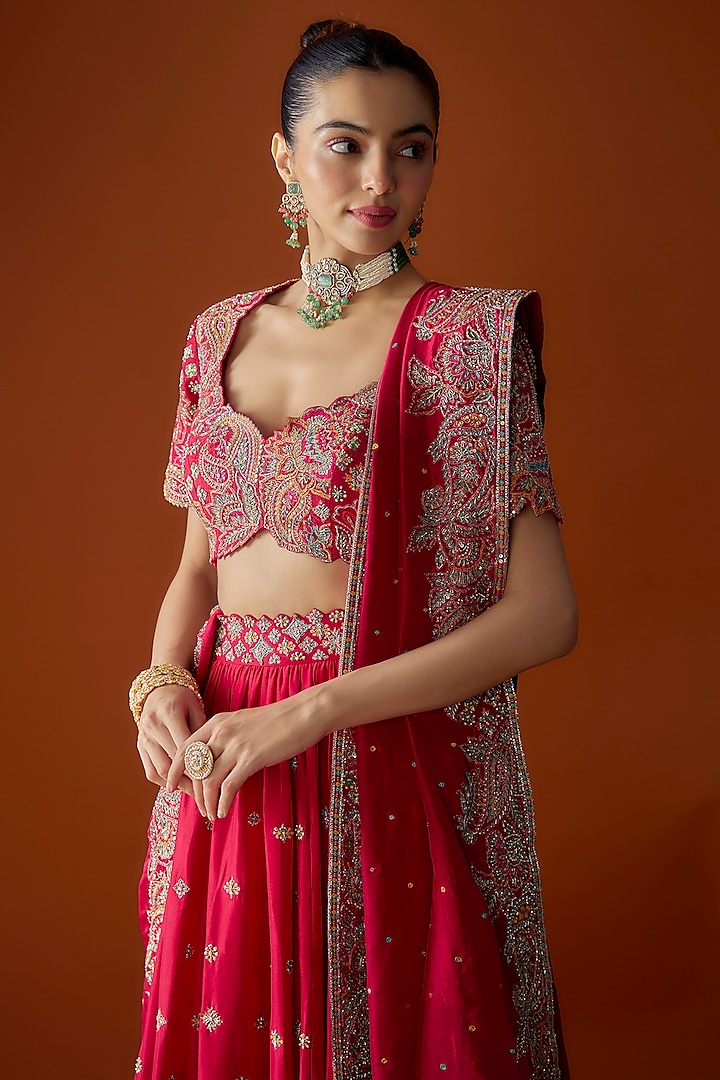 Red Pure Silk Zardosi Embroidered Bridal Lehenga Set by Mrunalini Rao at Pernia's Pop Up Shop