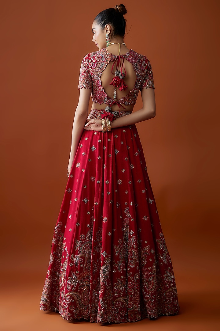 Red Pure Silk Zardosi Embroidered Bridal Lehenga Set by Mrunalini Rao at Pernia's Pop Up Shop