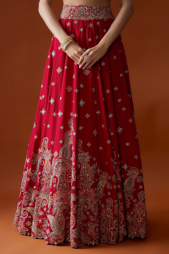 Red Pure Silk Zardosi Embroidered Bridal Lehenga Set by Mrunalini Rao at Pernia's Pop Up Shop