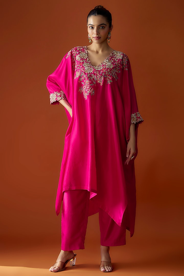 Hot Pink Pure Silk Zardosi Embroidered Kaftan Set by Mrunalini Rao
