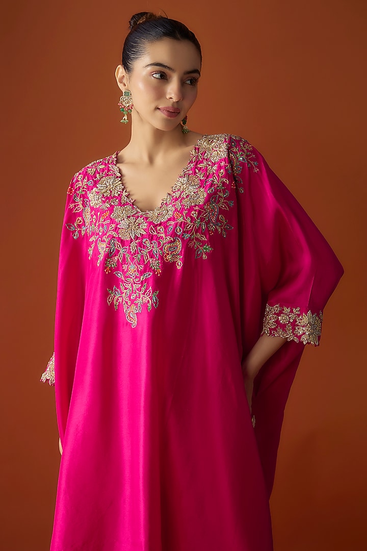 Hot Pink Pure Silk Zardosi Embroidered Kaftan Set by Mrunalini Rao at Pernia's Pop Up Shop