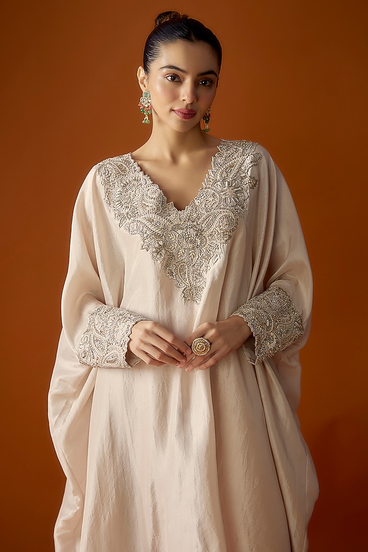 Ivory Pure Silk Zardosi Embroidered Kaftan Set by Mrunalini Rao at Pernia's Pop Up Shop