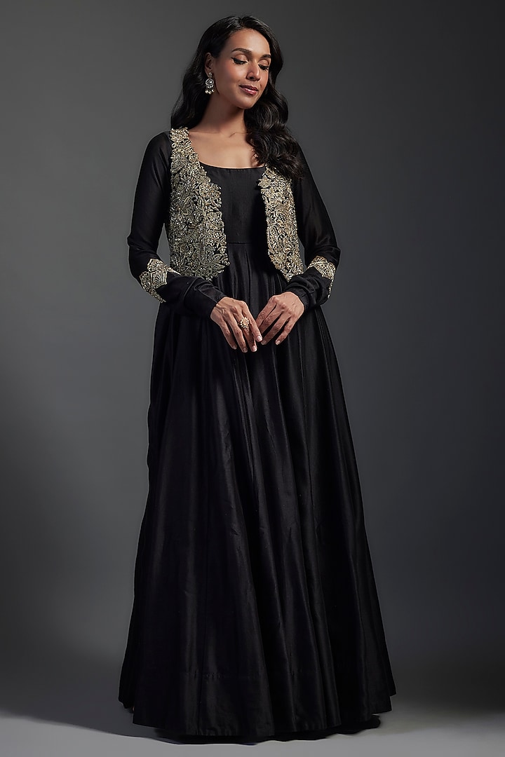 Black Chanderi Zardosi Hand Embroidered Anarkali Set With Jacket by Mrunalini Rao at Pernia's Pop Up Shop