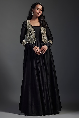 Black Chanderi Zardosi Hand Embroidered Anarkali Set With Jacket by Mrunalini Rao