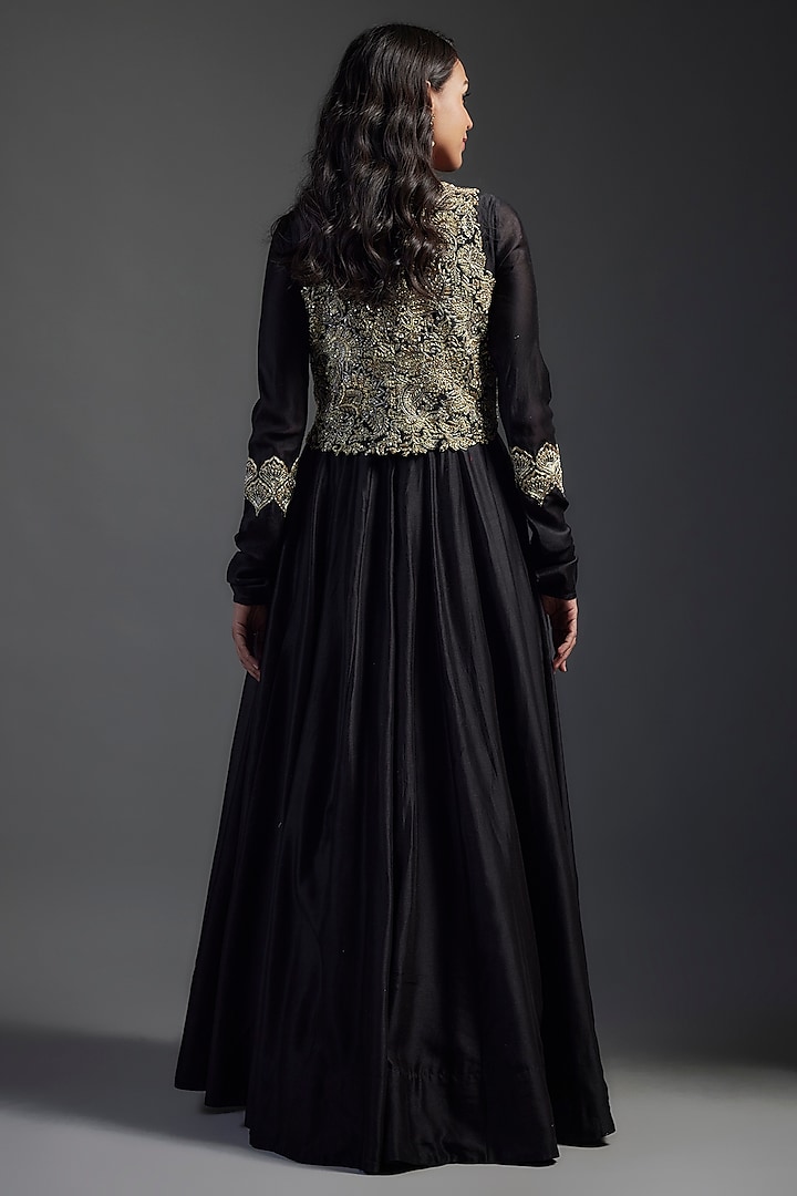 Black Chanderi Zardosi Hand Embroidered Bridal Anarkali Set With Jacket by Mrunalini Rao at Pernia's Pop Up Shop
