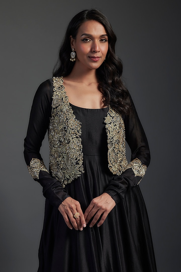 Black Chanderi Zardosi Hand Embroidered Bridal Anarkali Set With Jacket by Mrunalini Rao at Pernia's Pop Up Shop