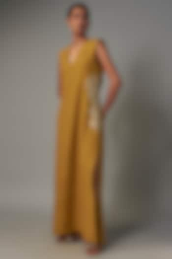 Yellow Matka Silk Pearl Hand Embroidered Dress by Mrunalini Rao at Pernia's Pop Up Shop