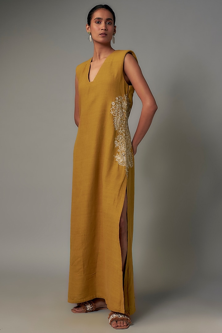 Yellow Matka Silk Pearl Hand Embroidered Dress by Mrunalini Rao at Pernia's Pop Up Shop