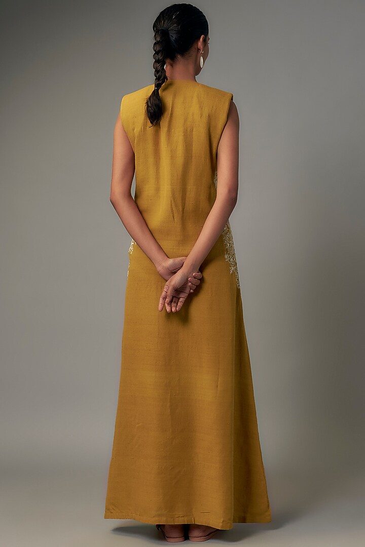 Yellow Matka Silk Zardosi Hand Embroidered Cocktail Dress by Mrunalini Rao at Pernia's Pop Up Shop