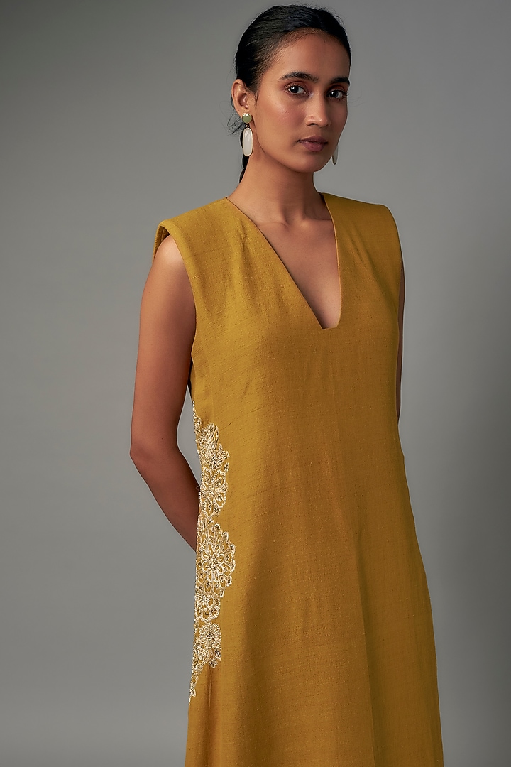 Yellow Matka Silk Zardosi Hand Embroidered Cocktail Dress by Mrunalini Rao at Pernia's Pop Up Shop