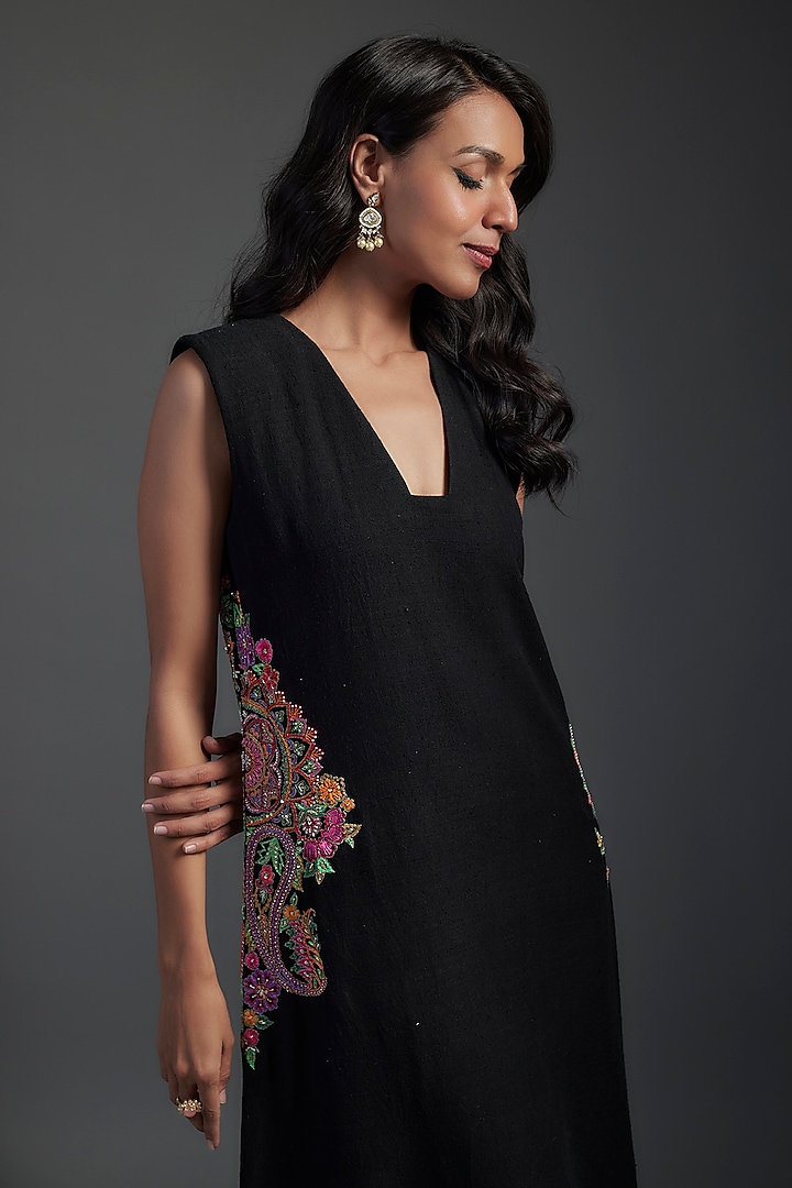 Black Matka Silk Zardosi Hand Embroidered Cocktail Dress by Mrunalini Rao at Pernia's Pop Up Shop