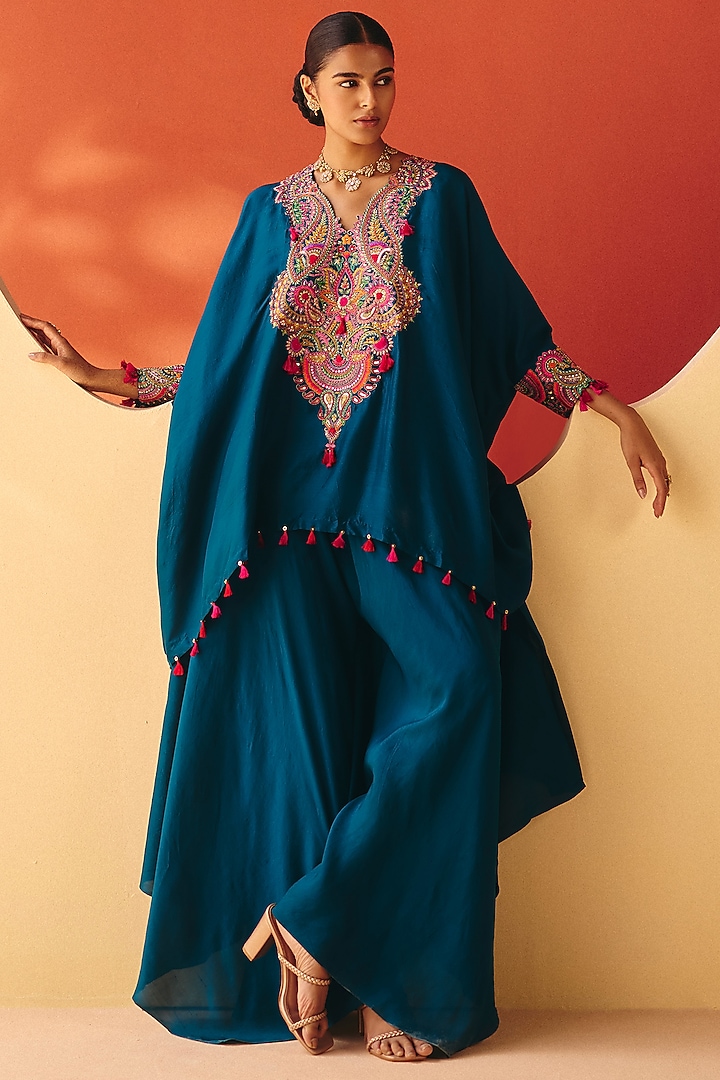 Teal Blue Silk Resham Embroidered Short Kurta Set by Mrunalini Rao at Pernia's Pop Up Shop