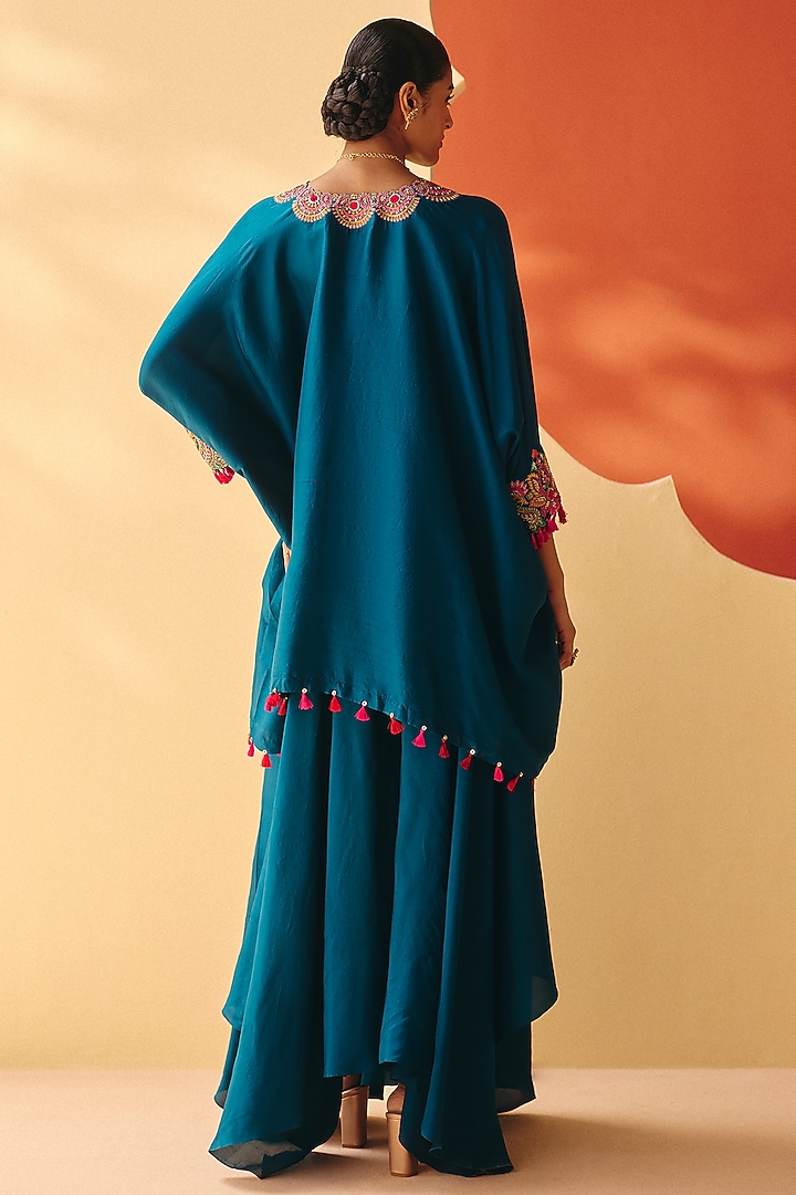 Teal Blue Silk Resham Embroidered Short Kurta Set by Mrunalini Rao at Pernia's Pop Up Shop