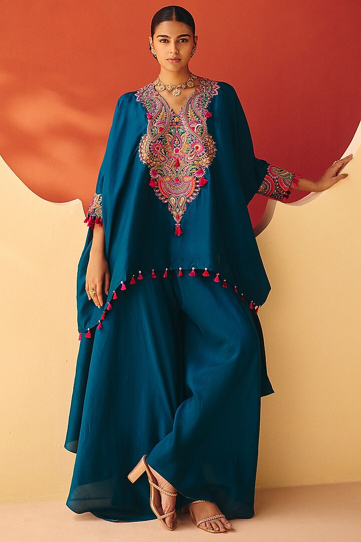 Teal Blue Silk Resham Embroidered Short Kurta Set by Mrunalini Rao at Pernia's Pop Up Shop