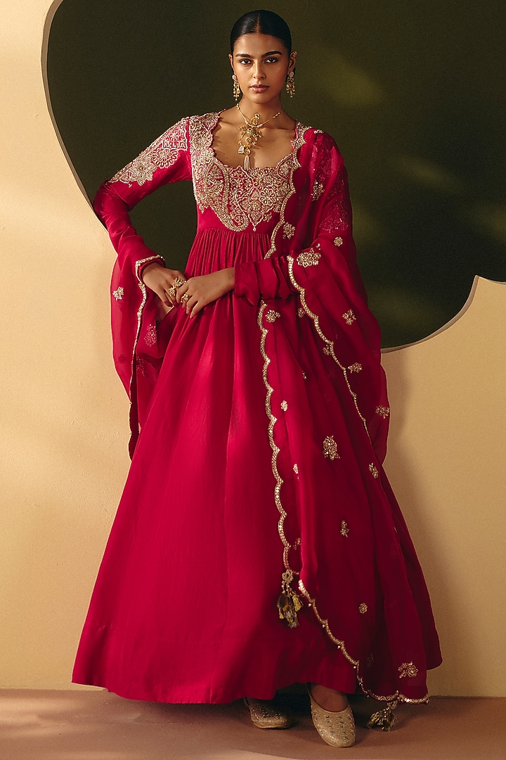 Red Silk Zardosi Embroidered Bridal Anarkali Set by Mrunalini Rao at Pernia's Pop Up Shop