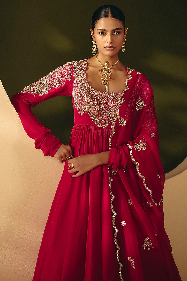 Red Silk Zardosi Embroidered Bridal Anarkali Set by Mrunalini Rao at Pernia's Pop Up Shop