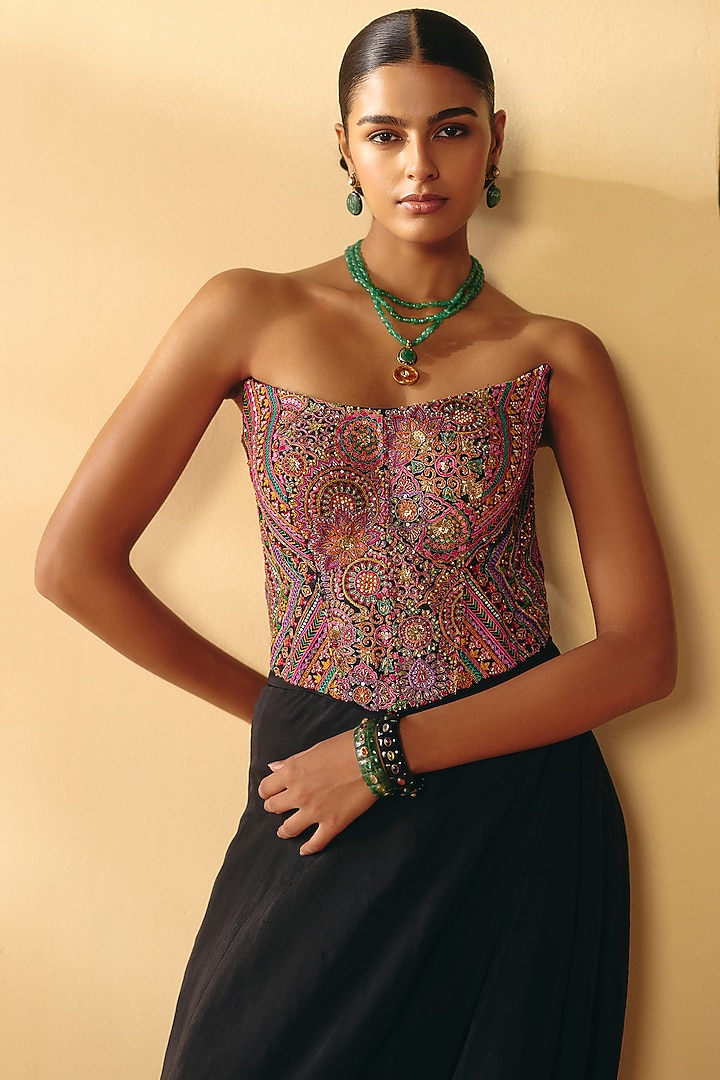 Black Silk Draped Skirt Set by Mrunalini Rao at Pernia's Pop Up Shop