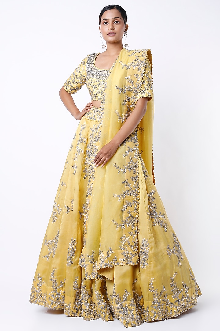 Yellow Embroidered Bridal Lehenga Set by Mrunalini Rao at Pernia's Pop Up Shop
