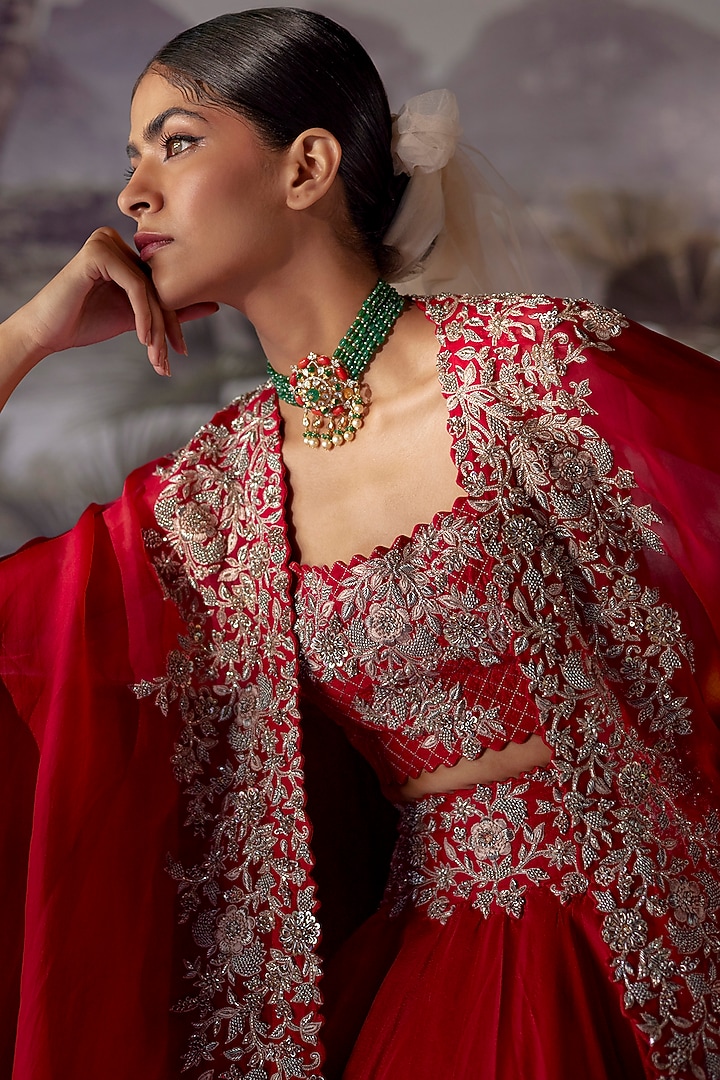 Red Embroidered Cape Set by Mrunalini Rao at Pernia's Pop Up Shop
