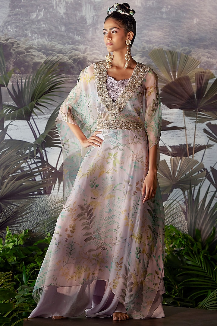 Lilac Embroidered Kaftan Set by Mrunalini Rao