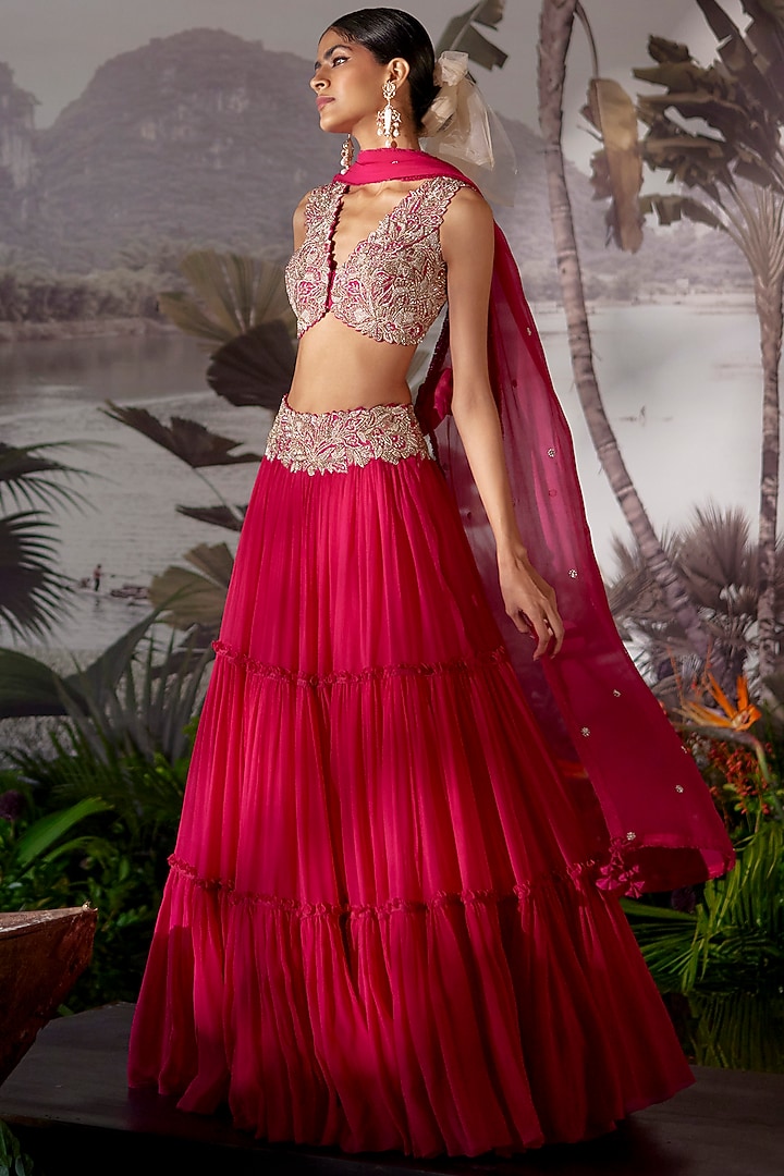 Hot Pink Chiffon Tiered Skirt Set by Mrunalini Rao at Pernia's Pop Up Shop