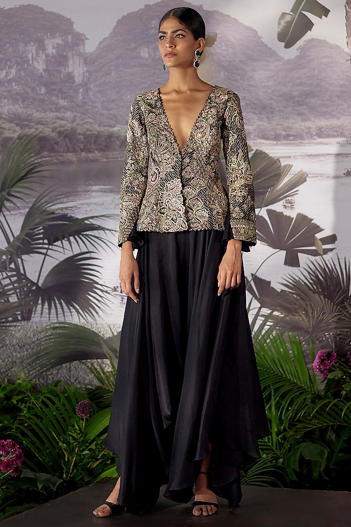 Black Hand Embroidered Jacket Set by Mrunalini Rao