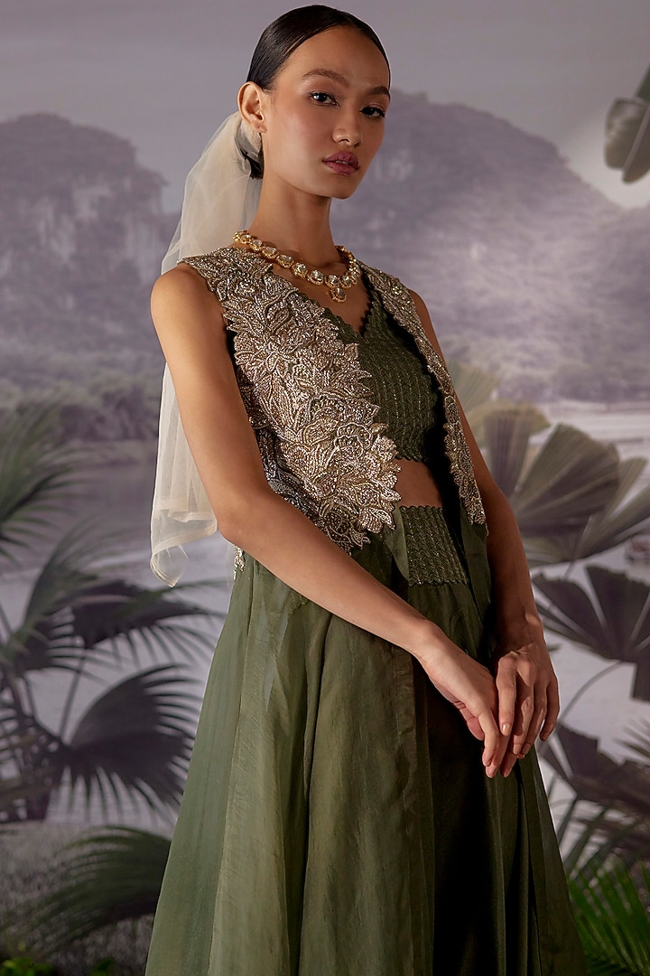 Olive Green Embroidered Long Jacket Set by Mrunalini Rao at Pernia's Pop Up Shop