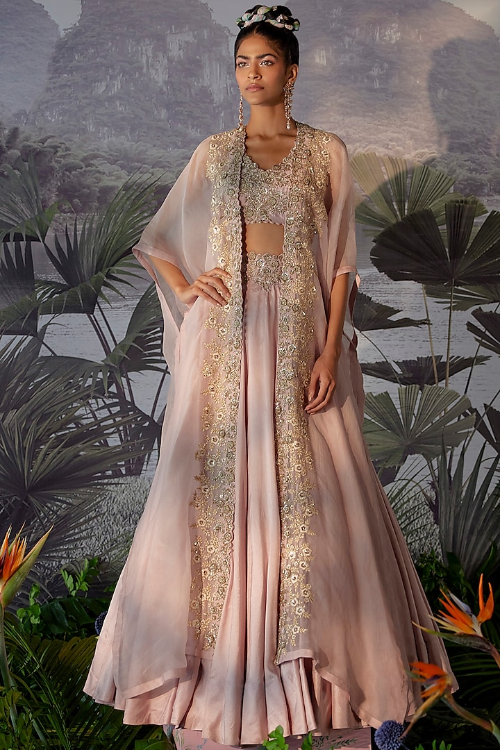 Baby Pink Embroidered Cape Set by Mrunalini Rao