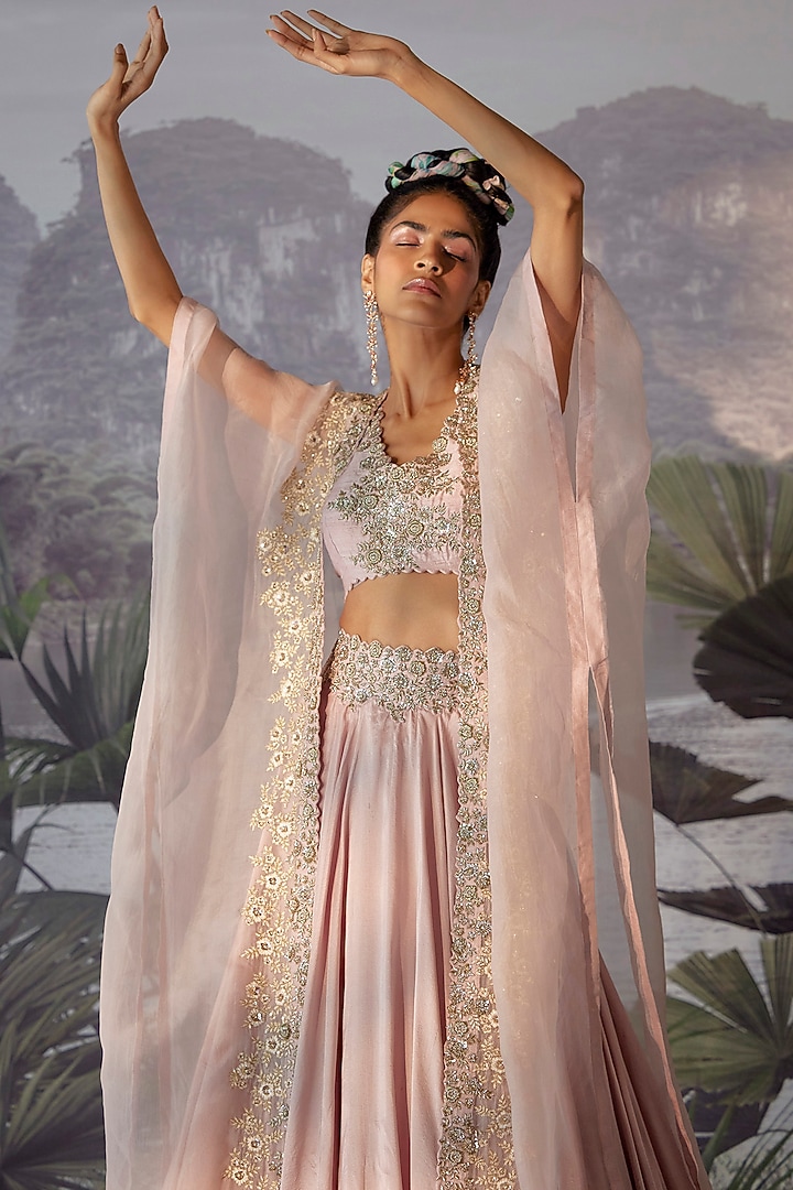 Baby Pink Embroidered Cape Set by Mrunalini Rao at Pernia's Pop Up Shop