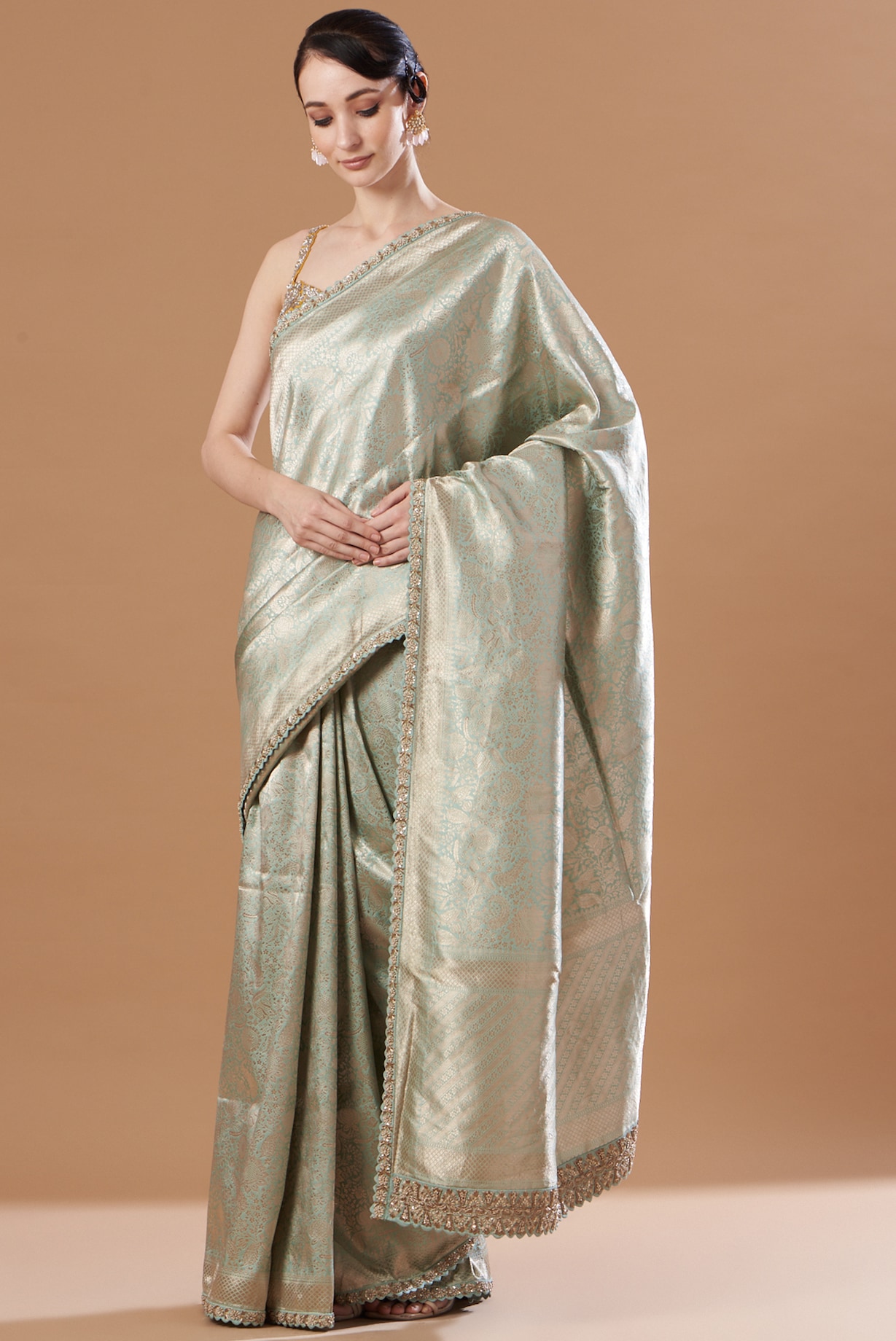 Light Blue Raw Silk Saree Set Design by Mrunalini Rao at Pernia's