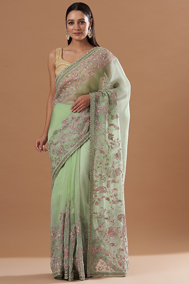Mint Green Embroidered Saree Set by Mrunalini Rao