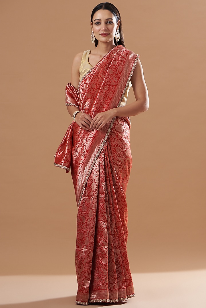 Red Silk Embroidered Saree Set by Mrunalini Rao