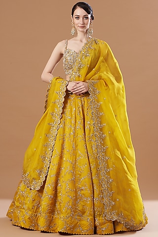Mustard Embroidered Lehenga Set by Mrunalini Rao