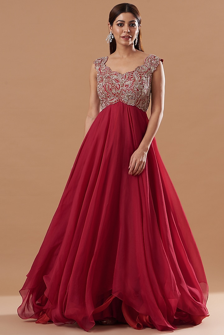 Red Embellished Anarkali by Mrunalini Rao