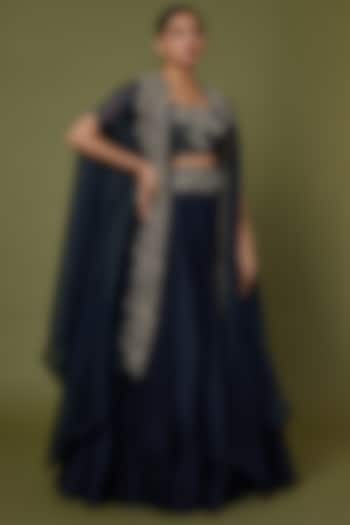 Dark Teal Blue Dupion Silk Zardosi Embroidered Skirt Set by Mrunalini Rao at Pernia's Pop Up Shop