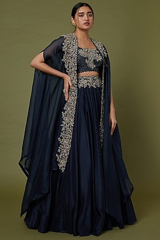 Dark Teal Blue Dupion Silk Zardosi Embroidered Skirt Set by Mrunalini Rao