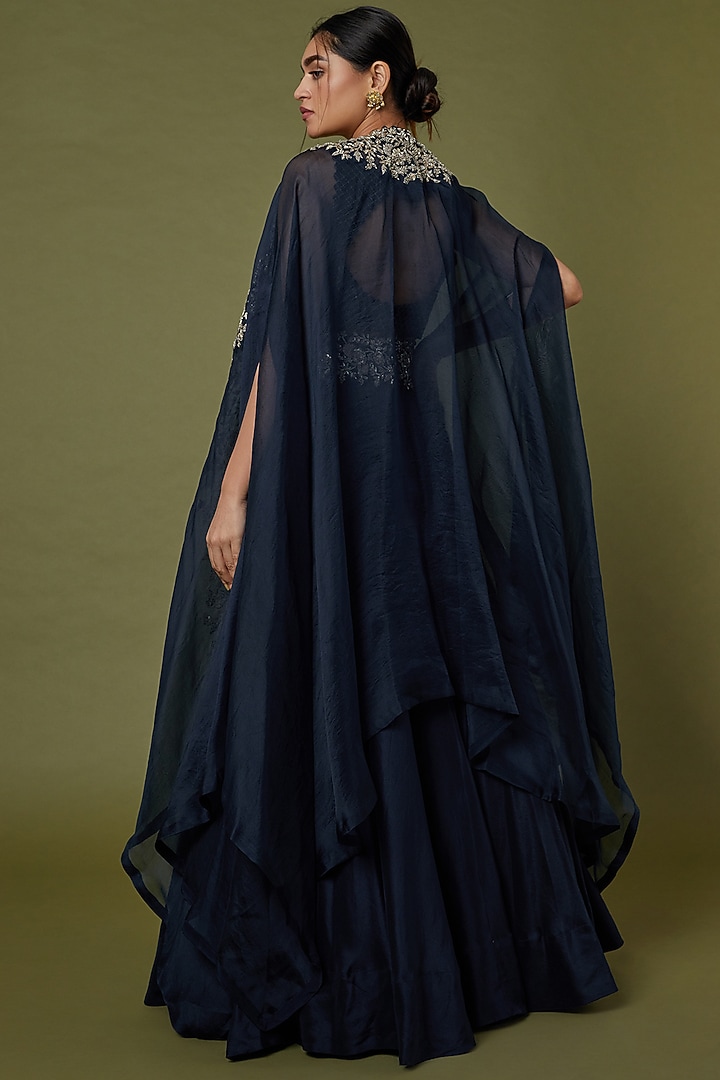 Dark Teal Blue Dupion Silk Zardosi Embroidered Skirt Set by Mrunalini Rao at Pernia's Pop Up Shop