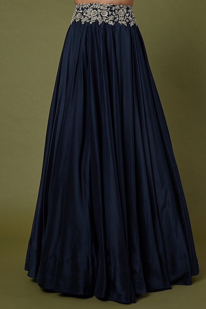 Dark Teal Blue Dupion Silk Zardosi Embroidered Skirt Set by Mrunalini Rao at Pernia's Pop Up Shop