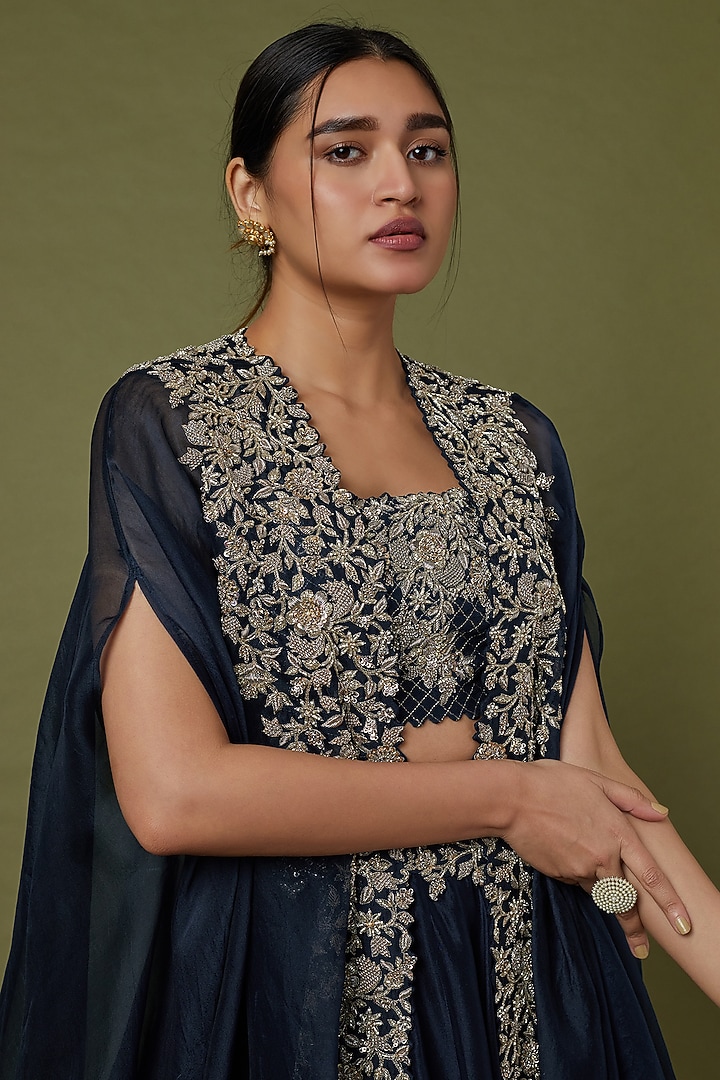 Dark Teal Blue Dupion Silk Zardosi Embroidered Skirt Set by Mrunalini Rao at Pernia's Pop Up Shop