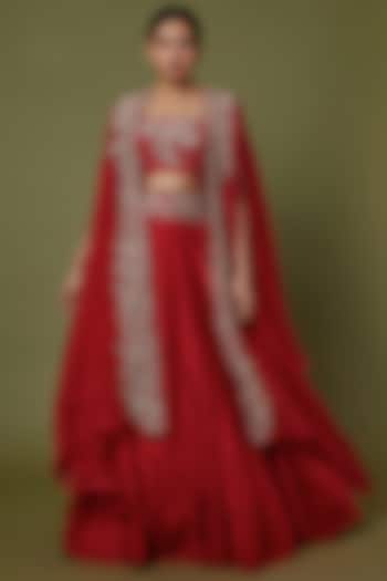 Red Embroidered Cape Set by Mrunalini Rao