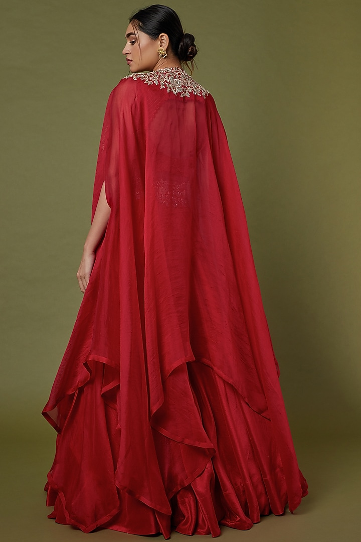 Red Organza & Raw Silk Zardosi Embroidered Cape Set by Mrunalini Rao at Pernia's Pop Up Shop