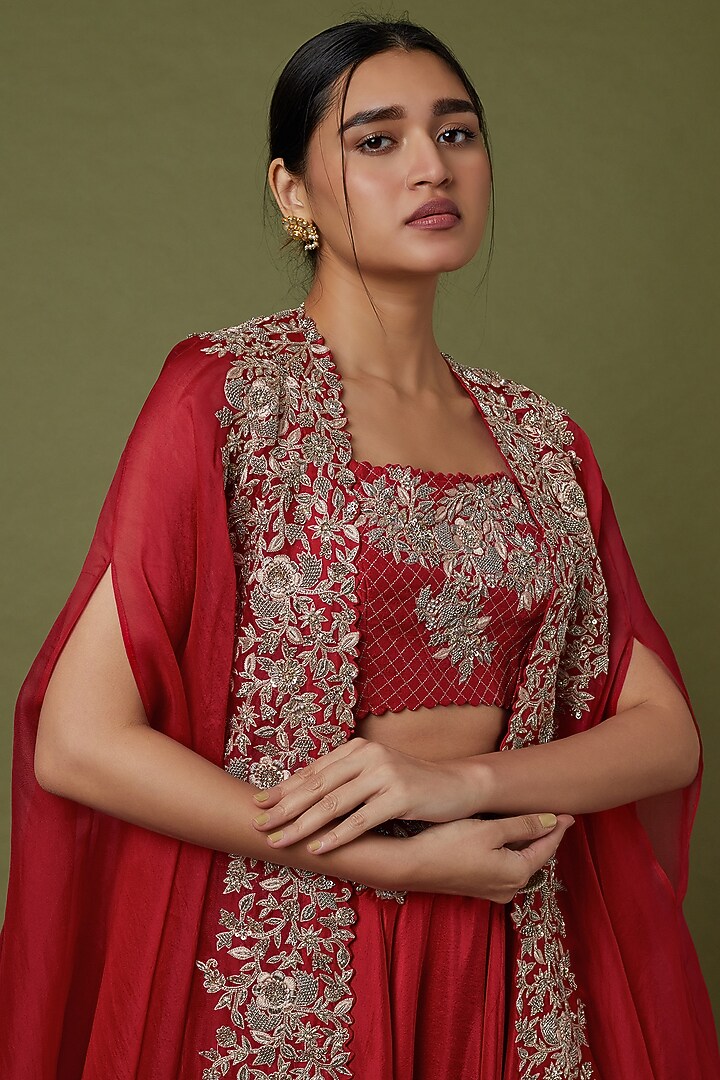 Red Organza & Raw Silk Zardosi Embroidered Cape Set by Mrunalini Rao at Pernia's Pop Up Shop