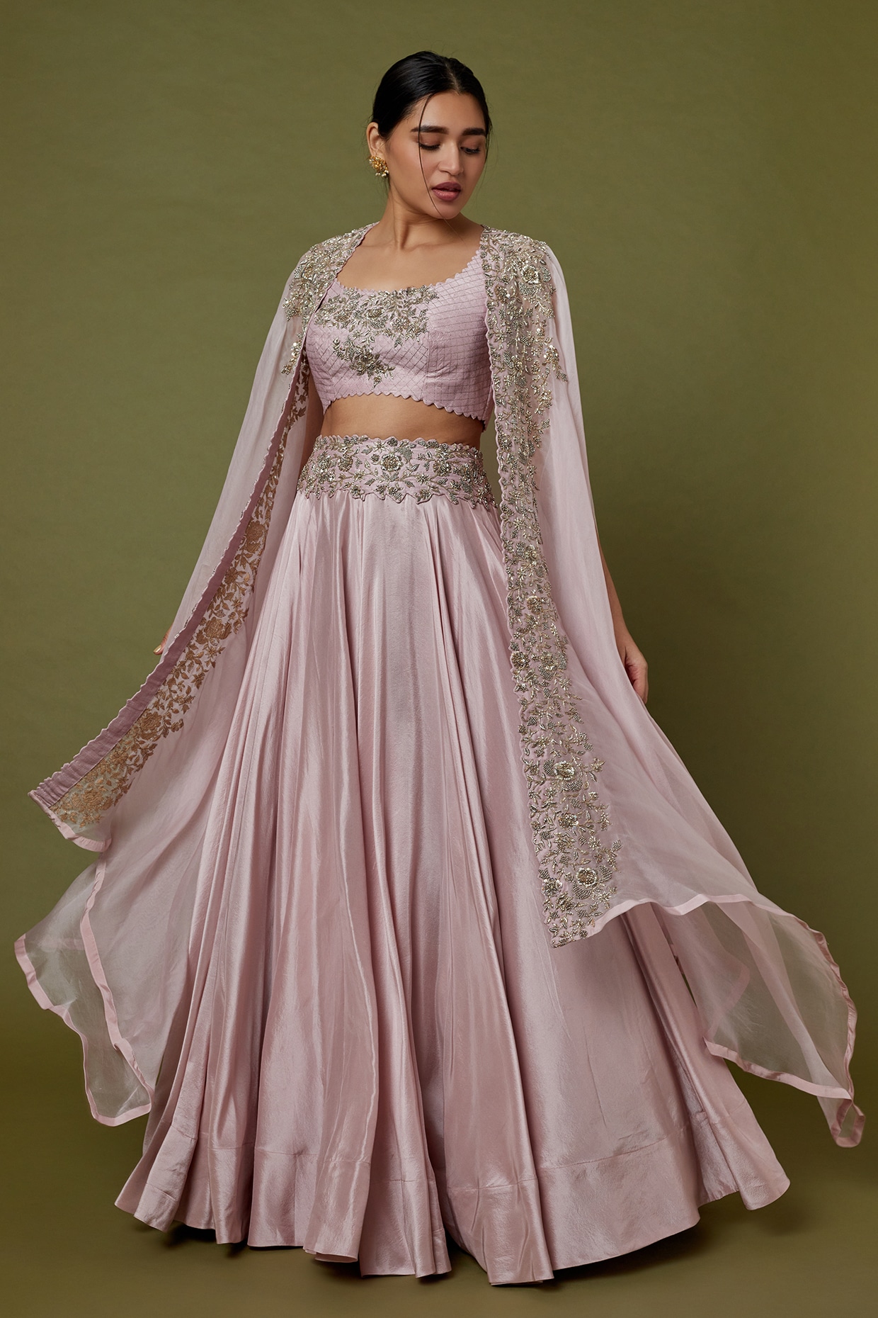 Pink embroidered georgette kurta with lehenga skirt set – Kasturi Creations